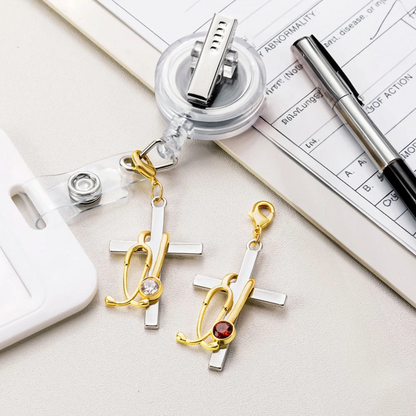 Birthstone Stethoscope Cross Charm for ID Badge Reel
