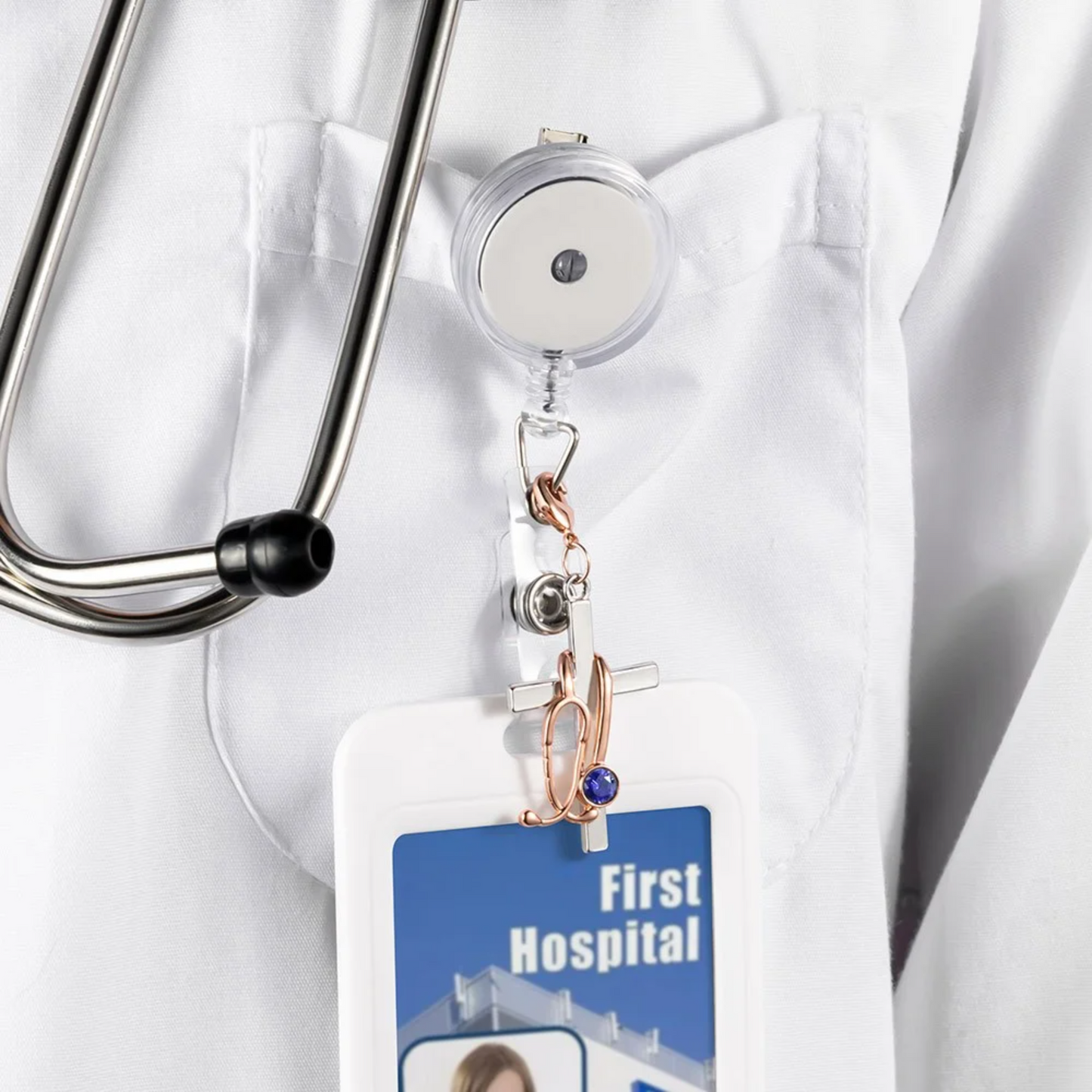 Birthstone Stethoscope Cross Charm for ID Badge Reel