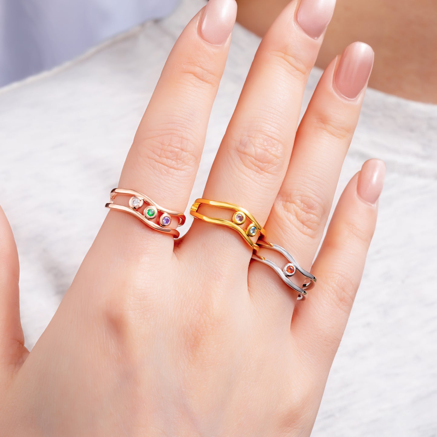 Personalized Contour Stacking Family Birthstones Ring