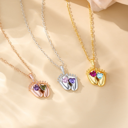 Double Heart Birthstone Baby Feet Necklace