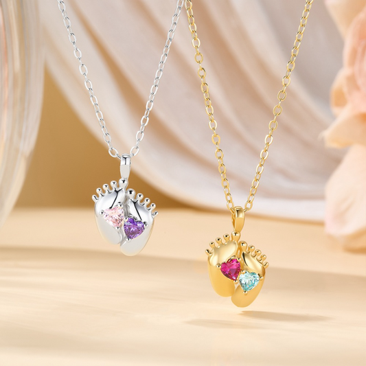 Double Heart Birthstone Baby Feet Necklace