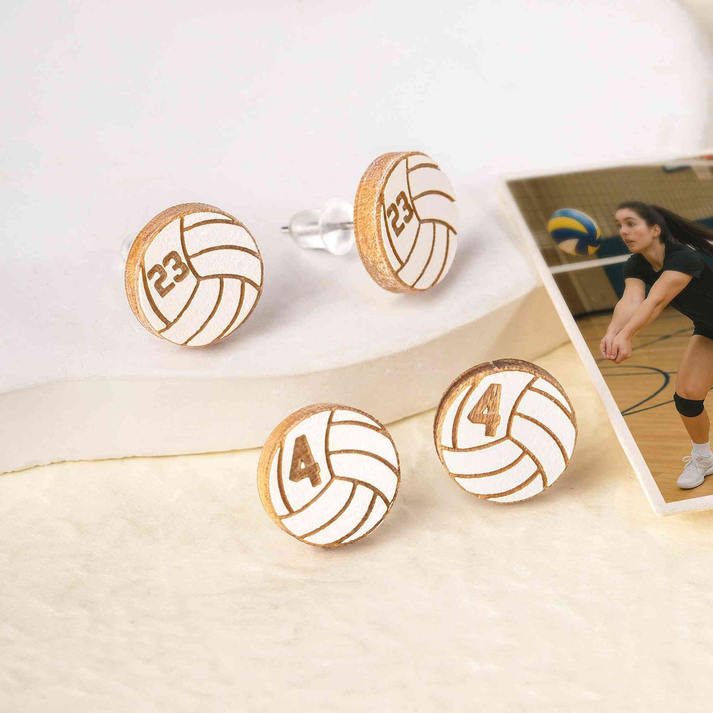 Wooden Number Volleyball Stud Earrings