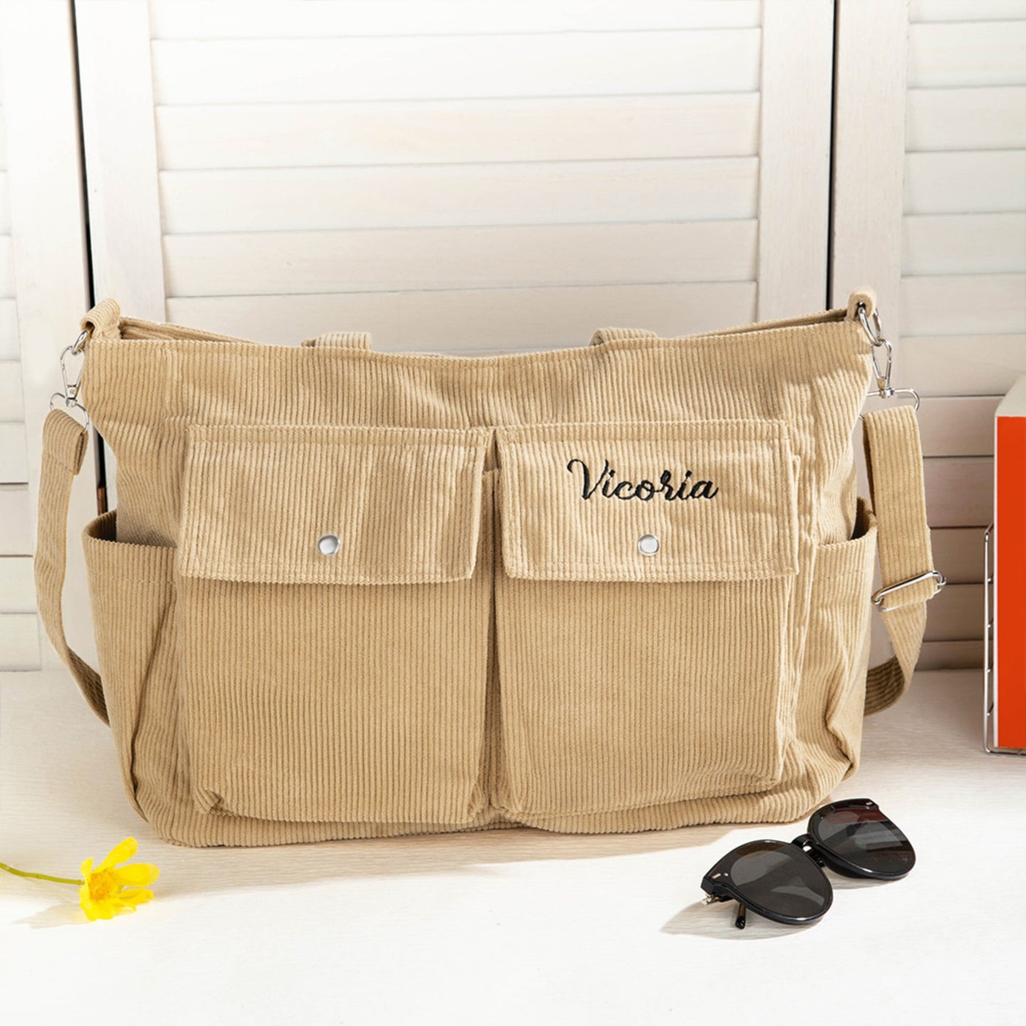 Custom Embroidered Name Corduroy Tote Bag