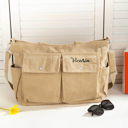 Custom Embroidered Name Corduroy Tote Bag