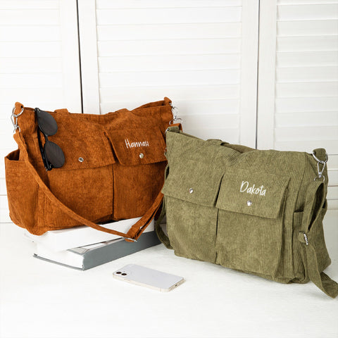 Custom Embroidered Name Corduroy Tote Bag