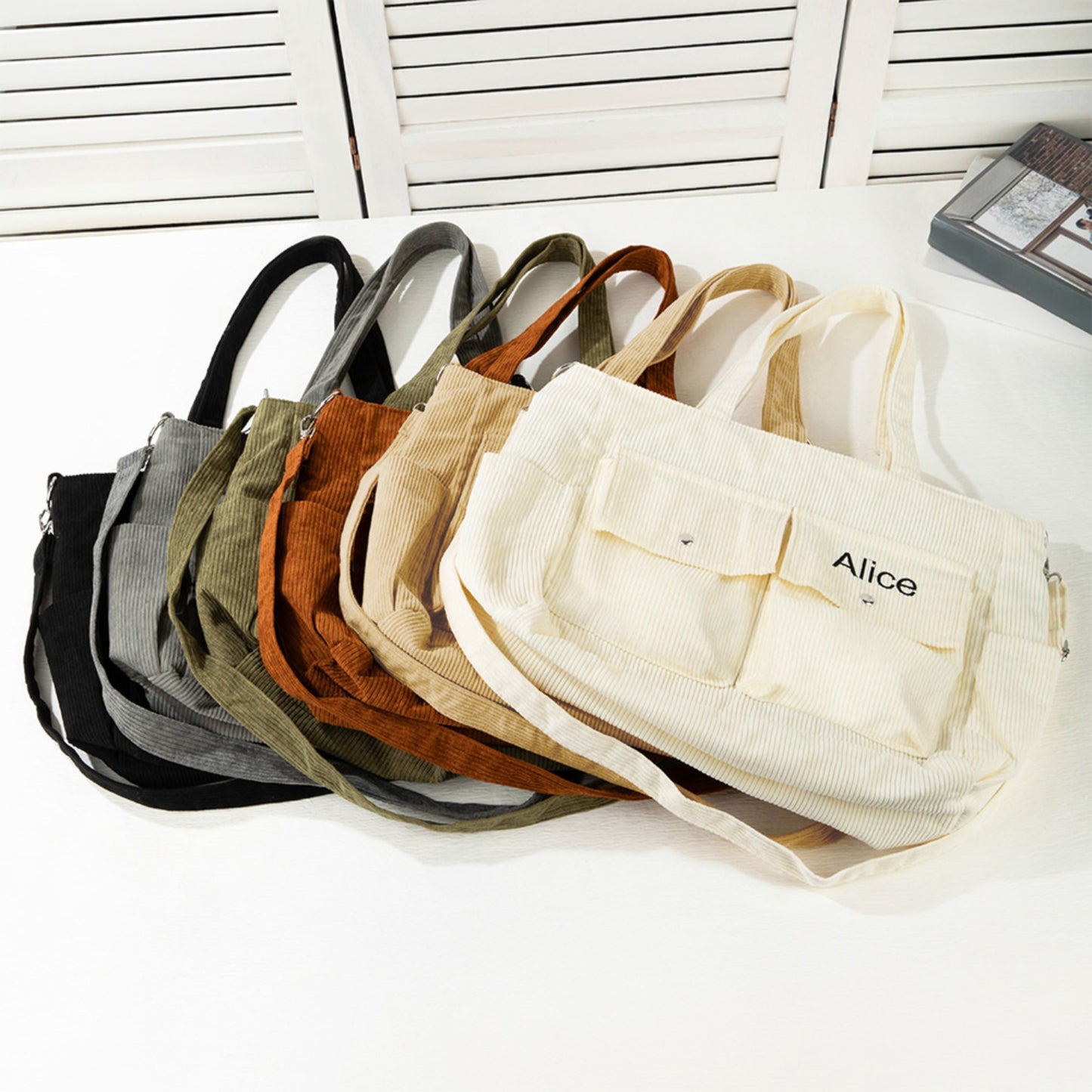 Custom Embroidered Name Corduroy Tote Bag