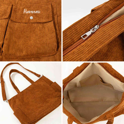 Custom Embroidered Name Corduroy Tote Bag