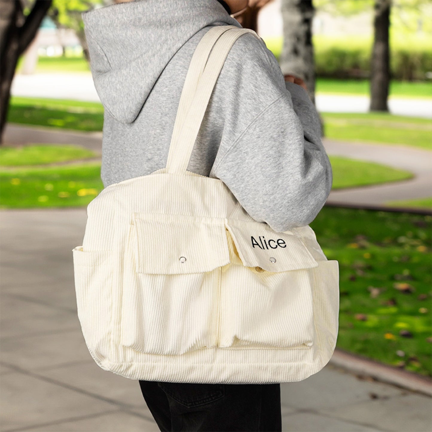 Custom Embroidered Name Corduroy Tote Bag