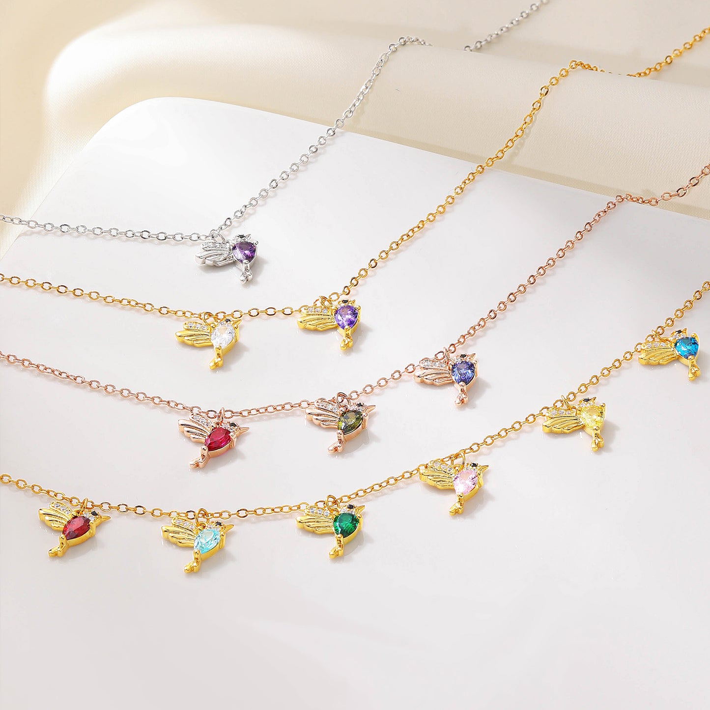 Personalized Hummingbirds Birthstones Necklace