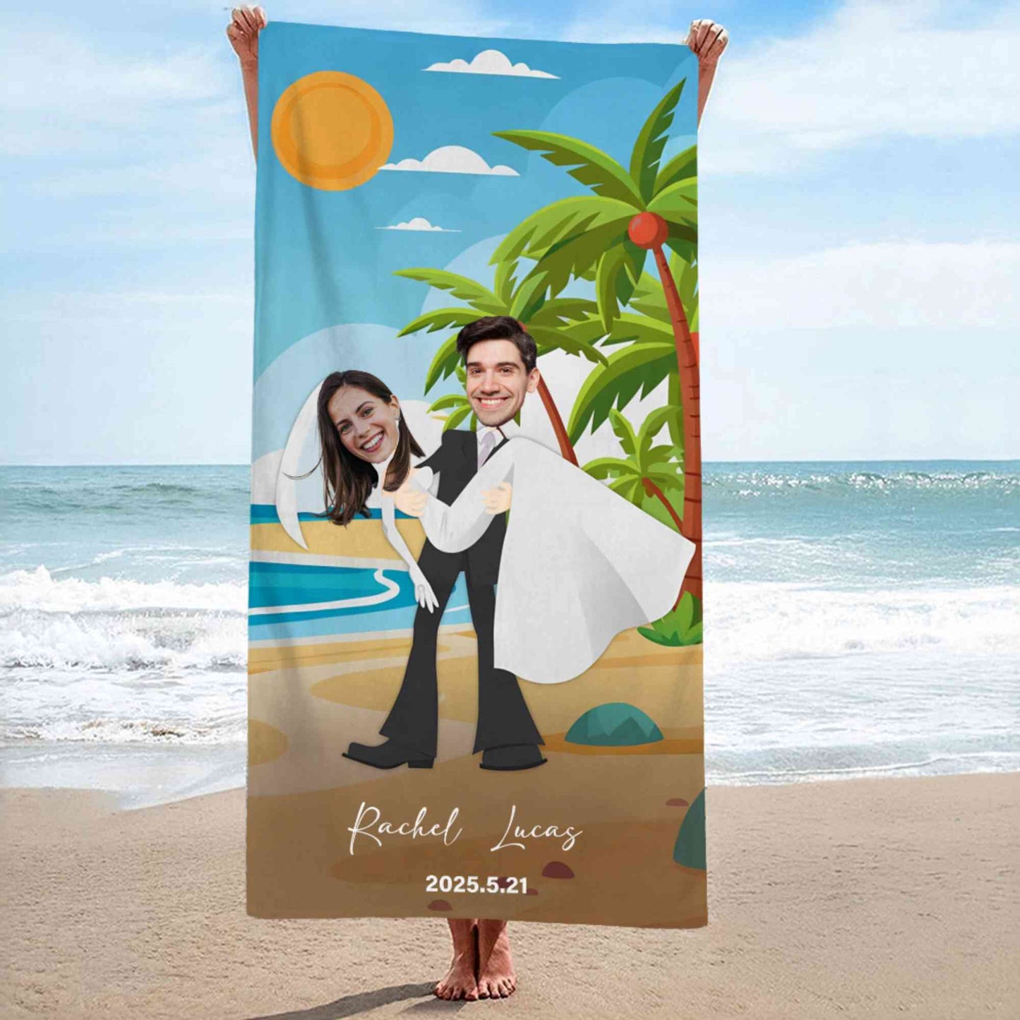 Custom Photo Faces Honeymoon Couples Beach Towel