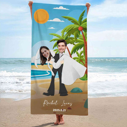 Custom Photo Faces Honeymoon Couples Beach Towel