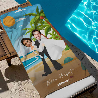 Custom Photo Faces Honeymoon Couples Beach Towel