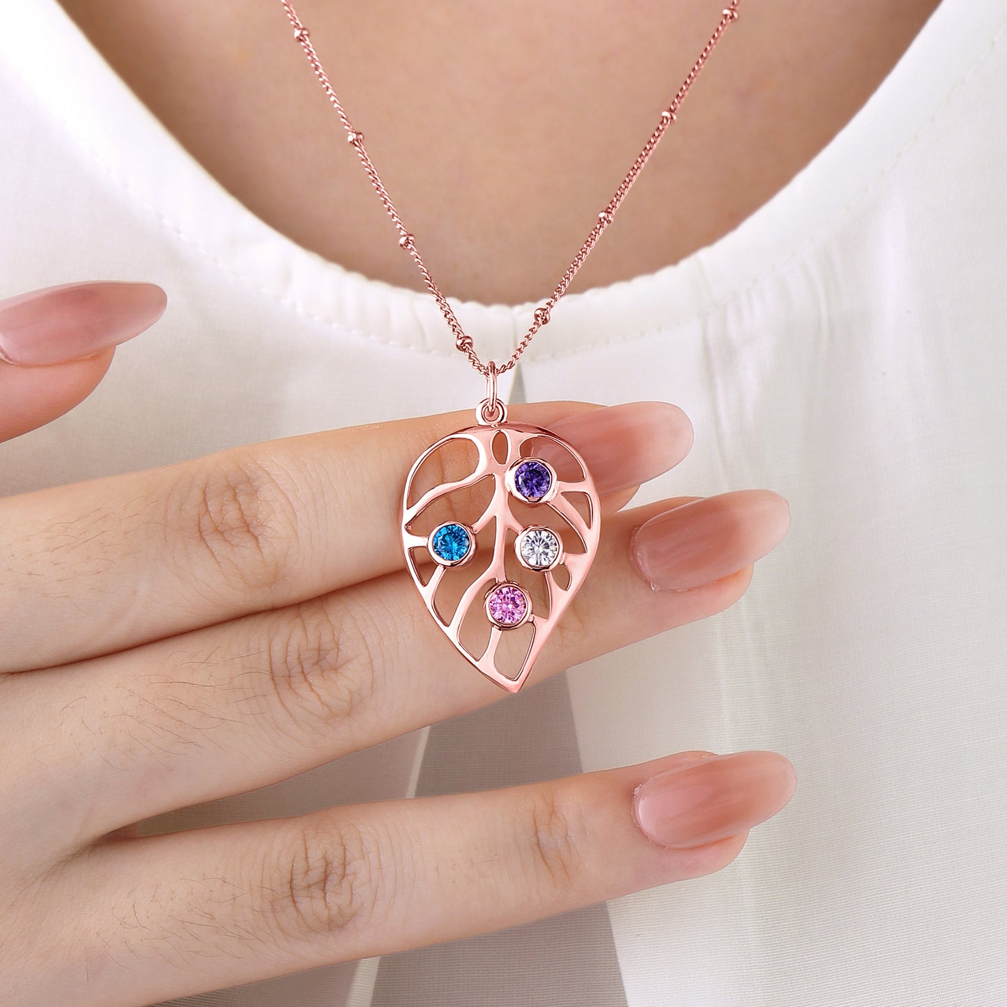 Personalized Leaf Birthstone Necklace