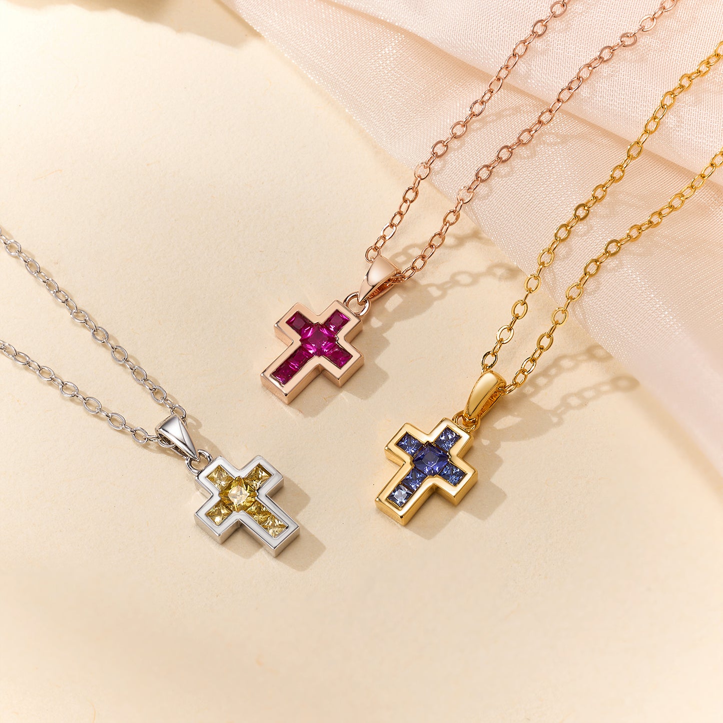 Tiny Cross Birthstone Necklace
