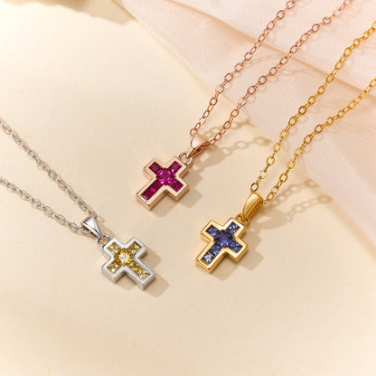 Tiny Cross Birthstone Necklace