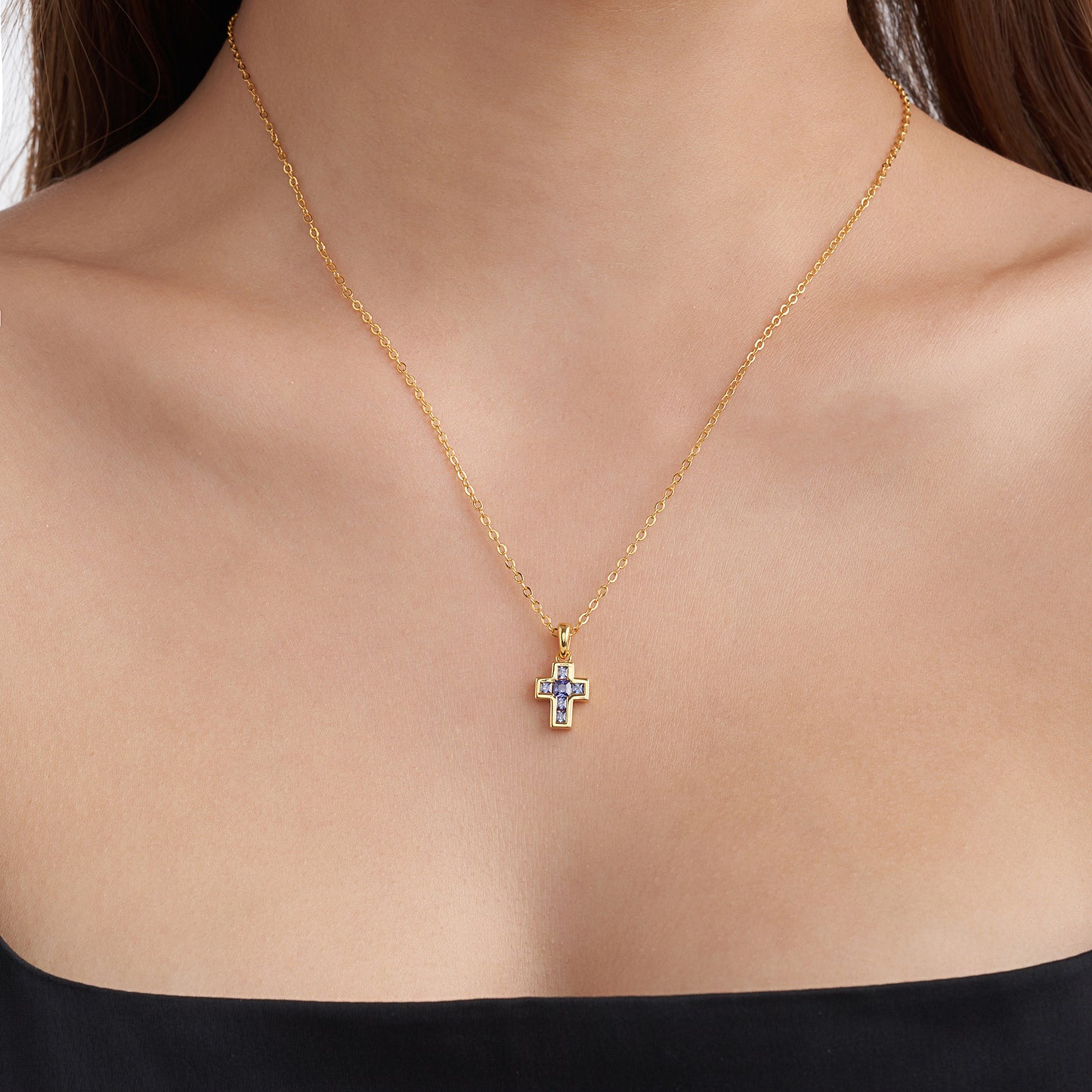 Tiny Cross Birthstone Necklace