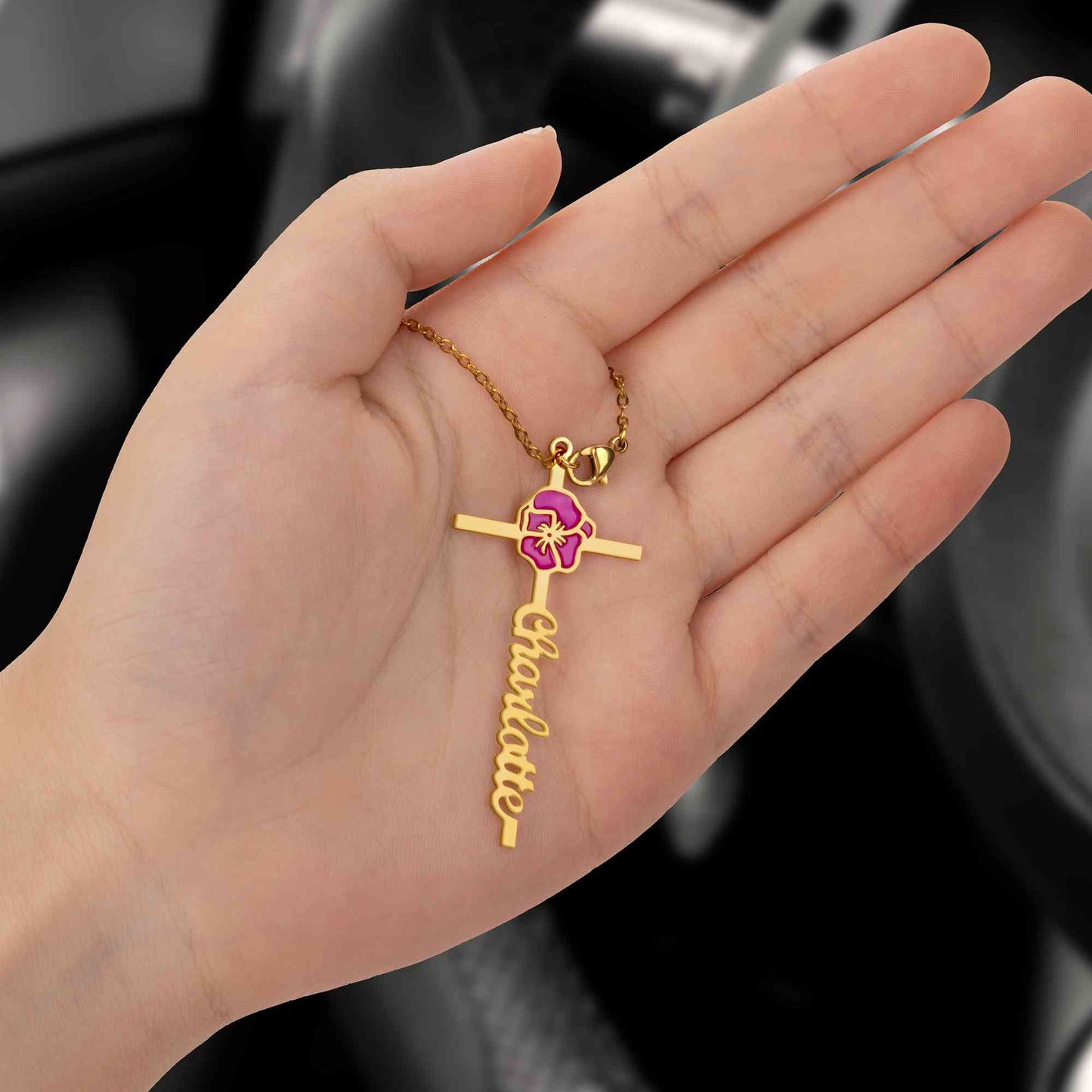 Custom Name & Birth Flower Cross Car Charm