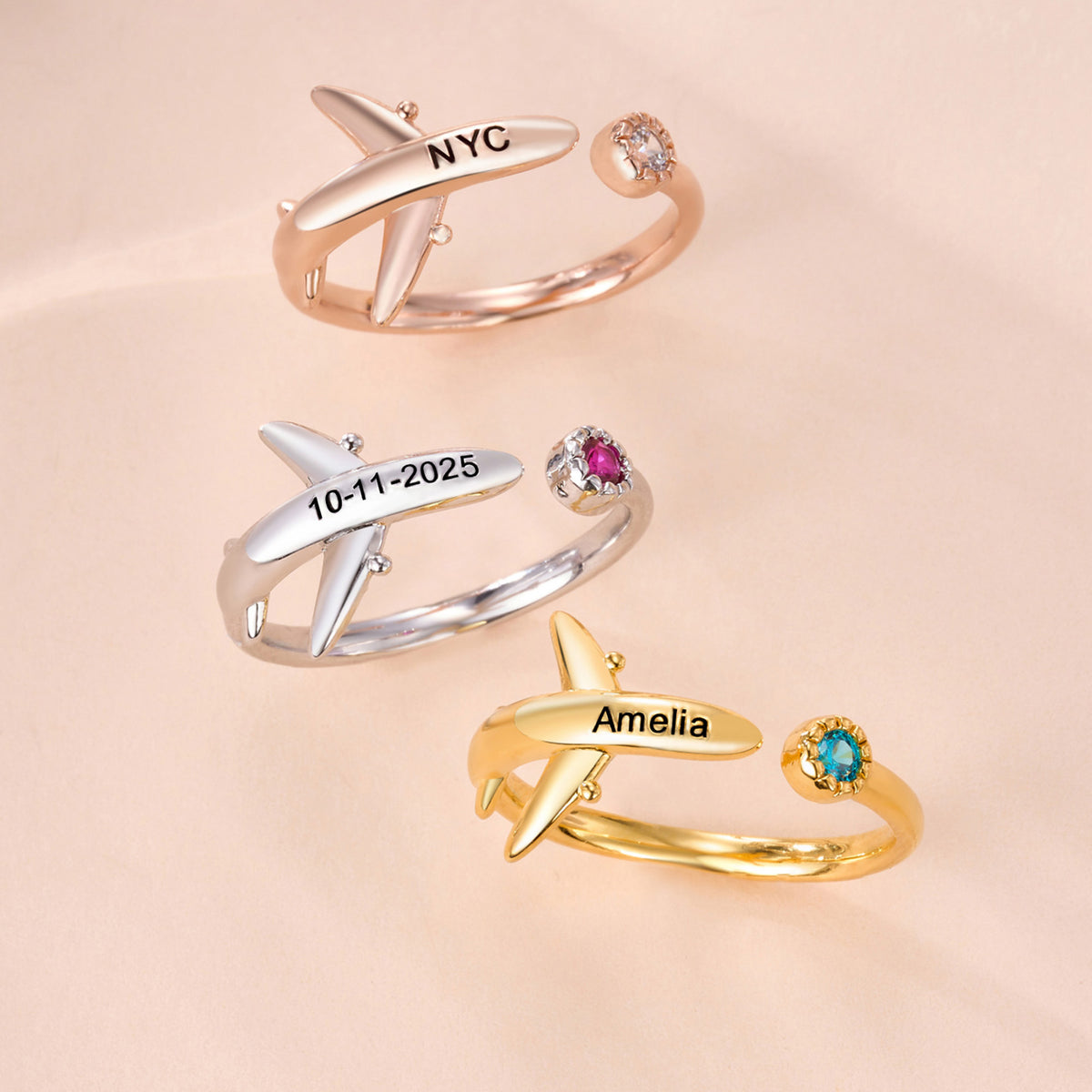 Personalized Airplane Ring with Birthstone and Engraving, photo 1