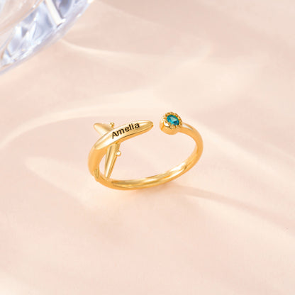 Personalized Airplane Ring with Birthstone and Engraving, photo 2