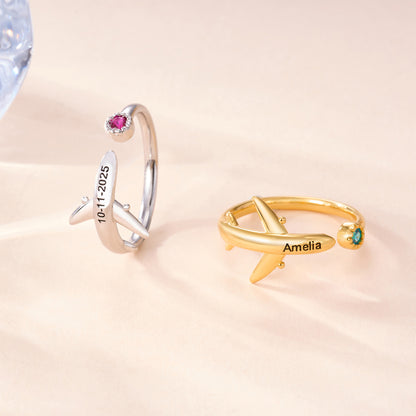 Personalized Airplane Ring with Birthstone and Engraving, photo 4