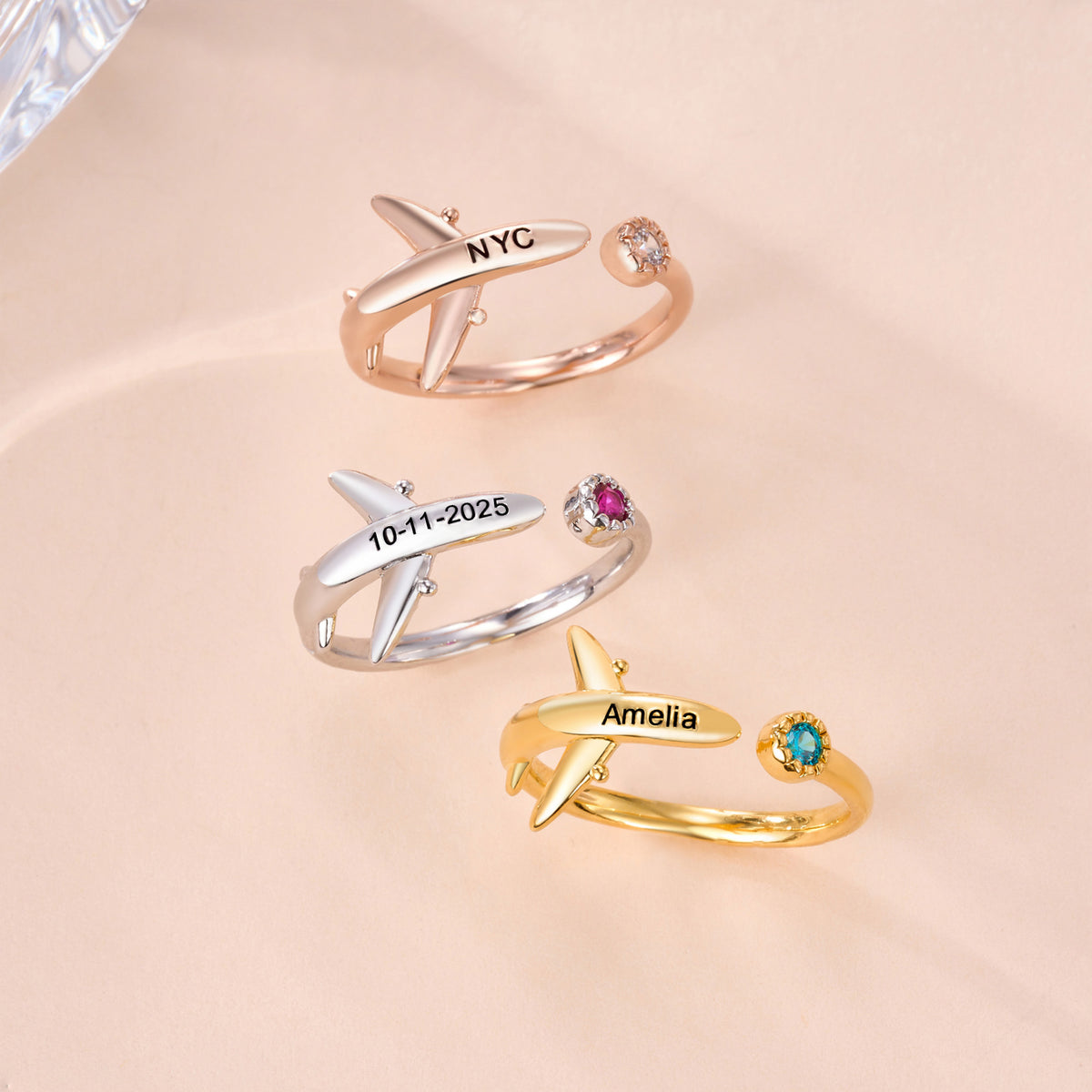 Personalized Airplane Ring with Birthstone and Engraving, photo 5