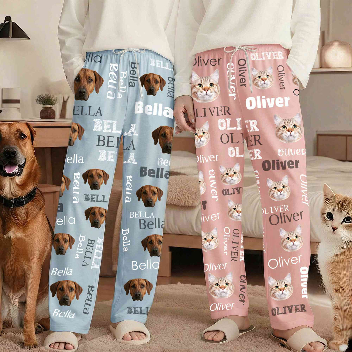 Custom dog and cat portrait pajama pants with names
