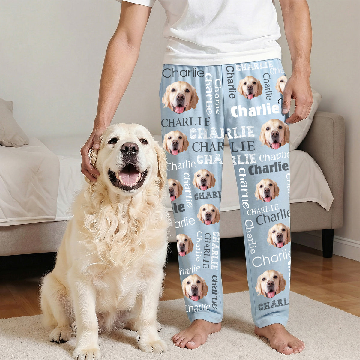 Custom pet photo word cloud pajama pants in light blue with golden retriever