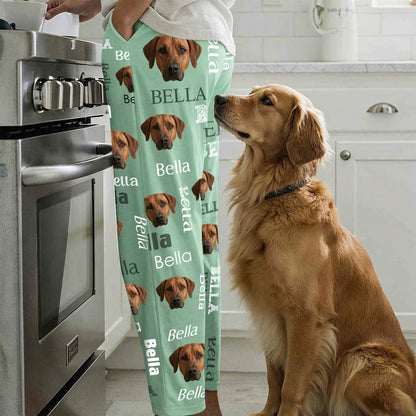Green pet portrait pajama pants with dog name printed all over