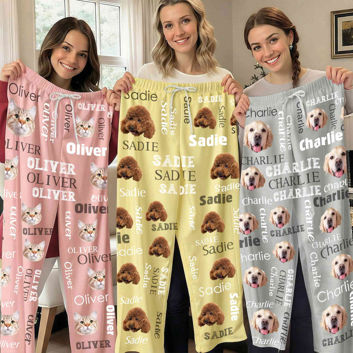 Matching family pet photo pajama pants in pink, yellow and grey