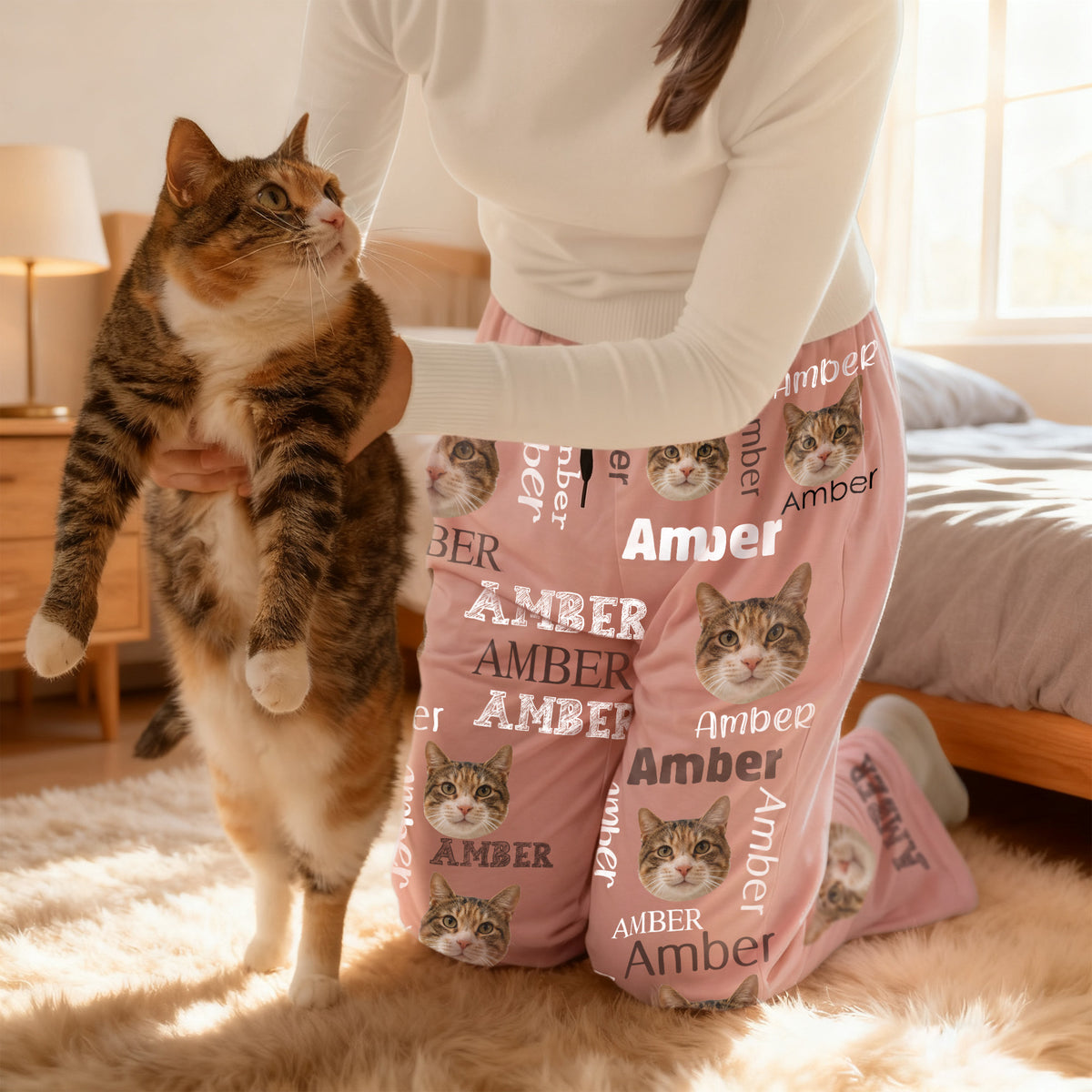 Pink custom cat photo pajama pants with name