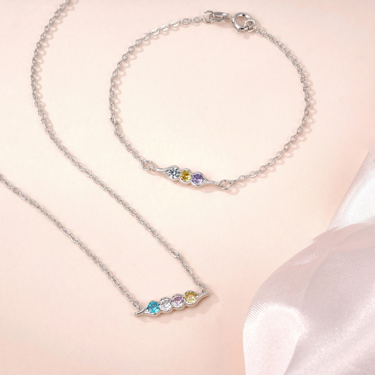 Peas in a pod birthstone bracelet and necklace set