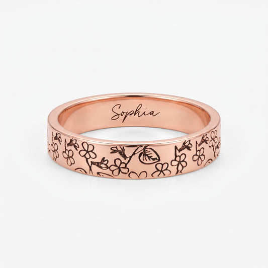 custom birth flower stacking ring with engraving