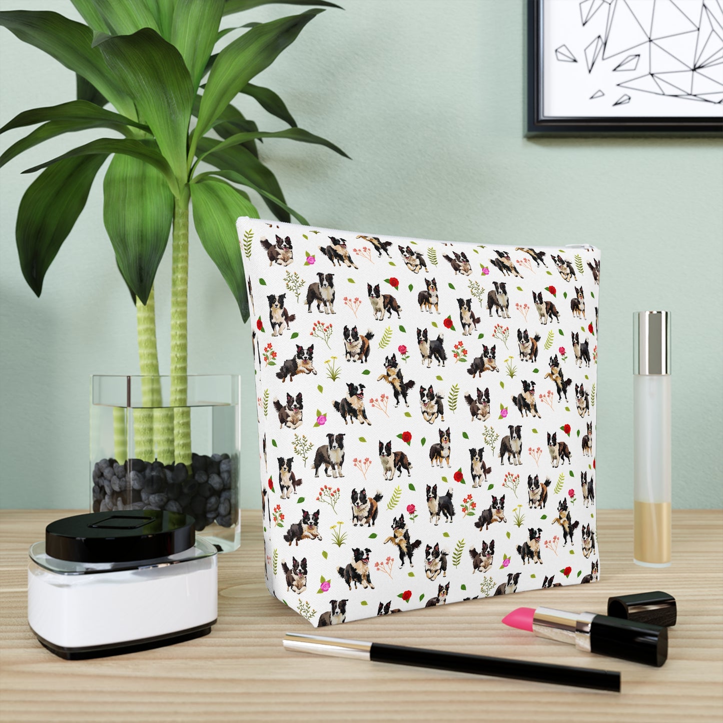 Border Collie Print Cotton Cosmetic Bag/Makeup Travel Pouch