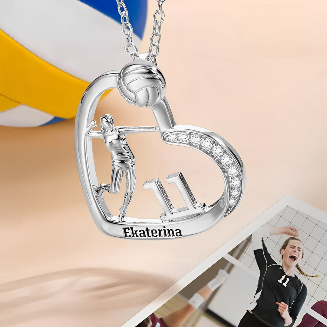 Personalized Volleyball Heart Necklace, with Number + Name