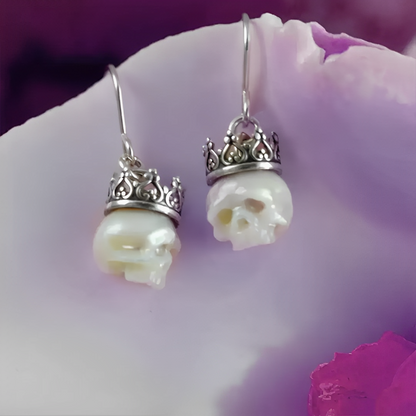 Freshwater Pearl Skull Earrings with Crowns in 925 Sterling Silver