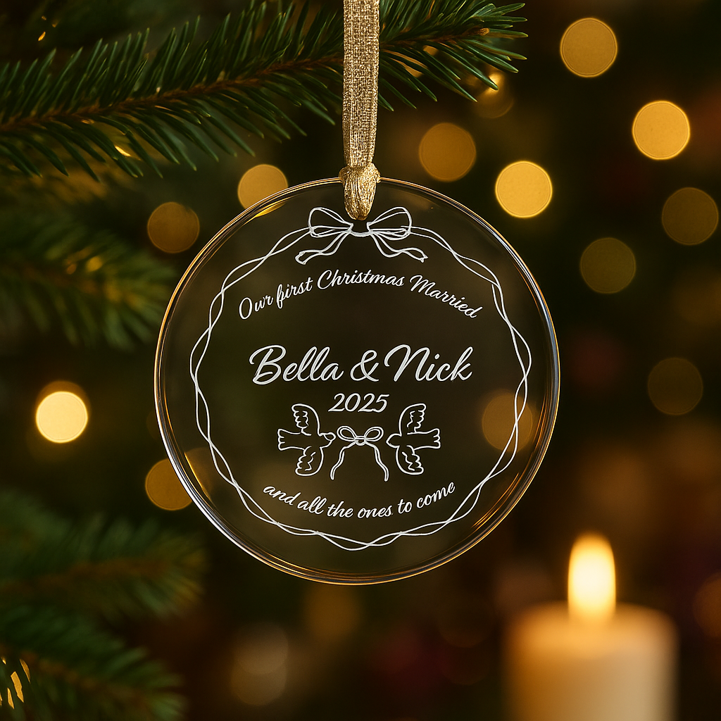 'First Christmas Married' Personalized Clear Acrylic Holiday Tree Ornaments