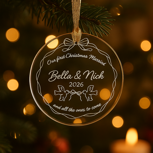 'First Christmas Married' Personalized Clear Acrylic Holiday Tree Ornaments