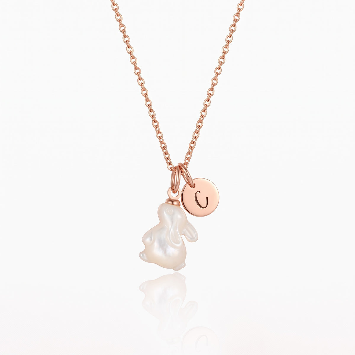 mother of pearl bunny necklace with initial charm