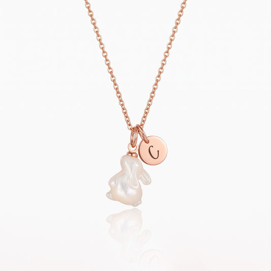 mother of pearl bunny necklace with initial charm