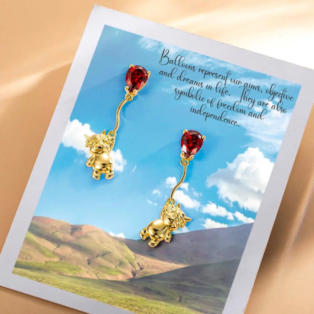 Highland Cow Stud Earrings with Balloon Birthstone