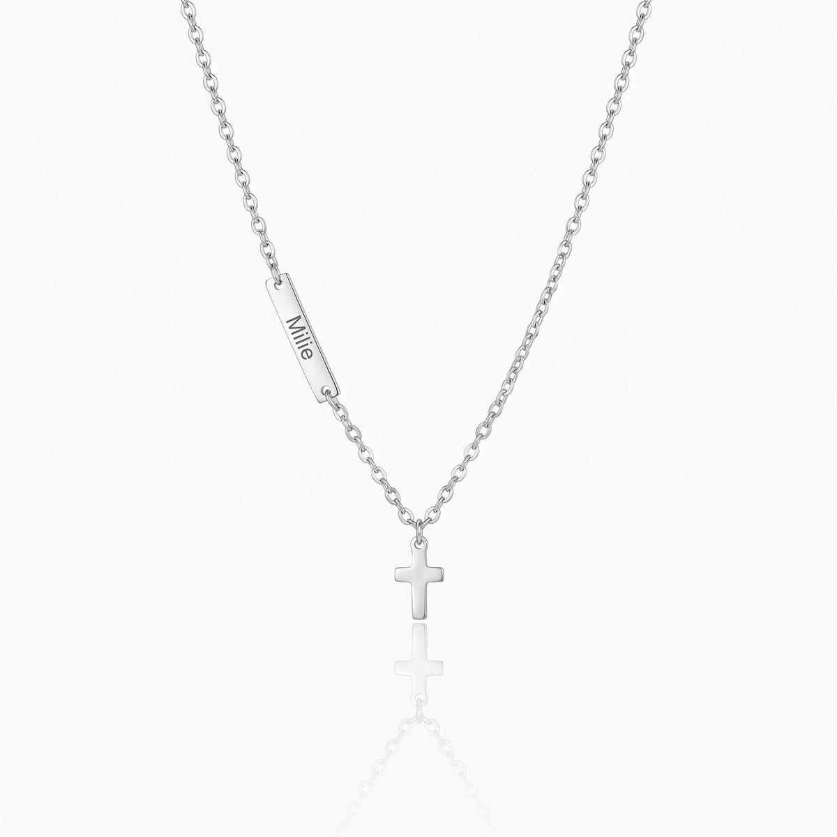 custom name sideways bar tiny cross pendant necklace