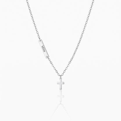 custom name sideways bar tiny cross pendant necklace