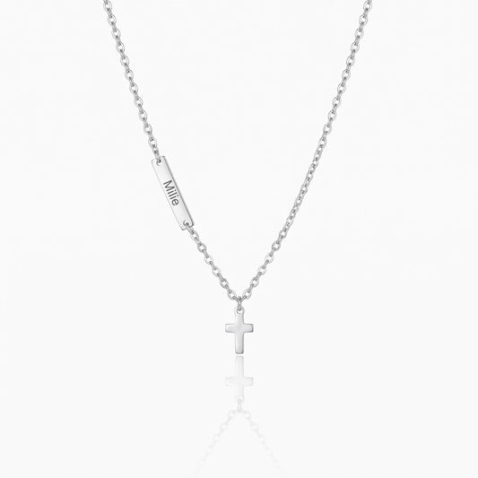 custom name sideways bar tiny cross pendant necklace