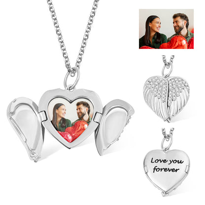 Personalized Angel Wings Heart Photo Locket Necklace