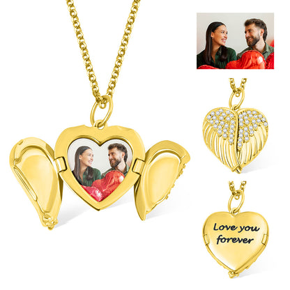 Personalized Angel Wings Heart Photo Locket Necklace