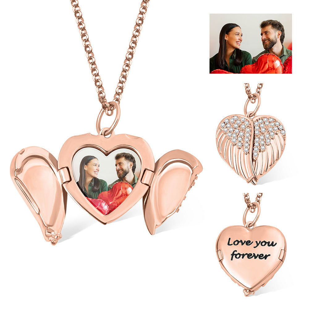 Personalized Angel Wings Heart Photo Locket Necklace