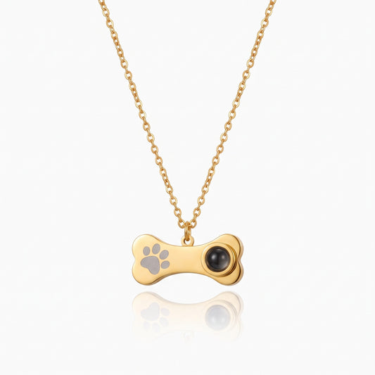 dog bone projection necklace with photo paw print