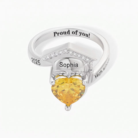 Personalized Graduation Cap Ring with Heart Birthstone