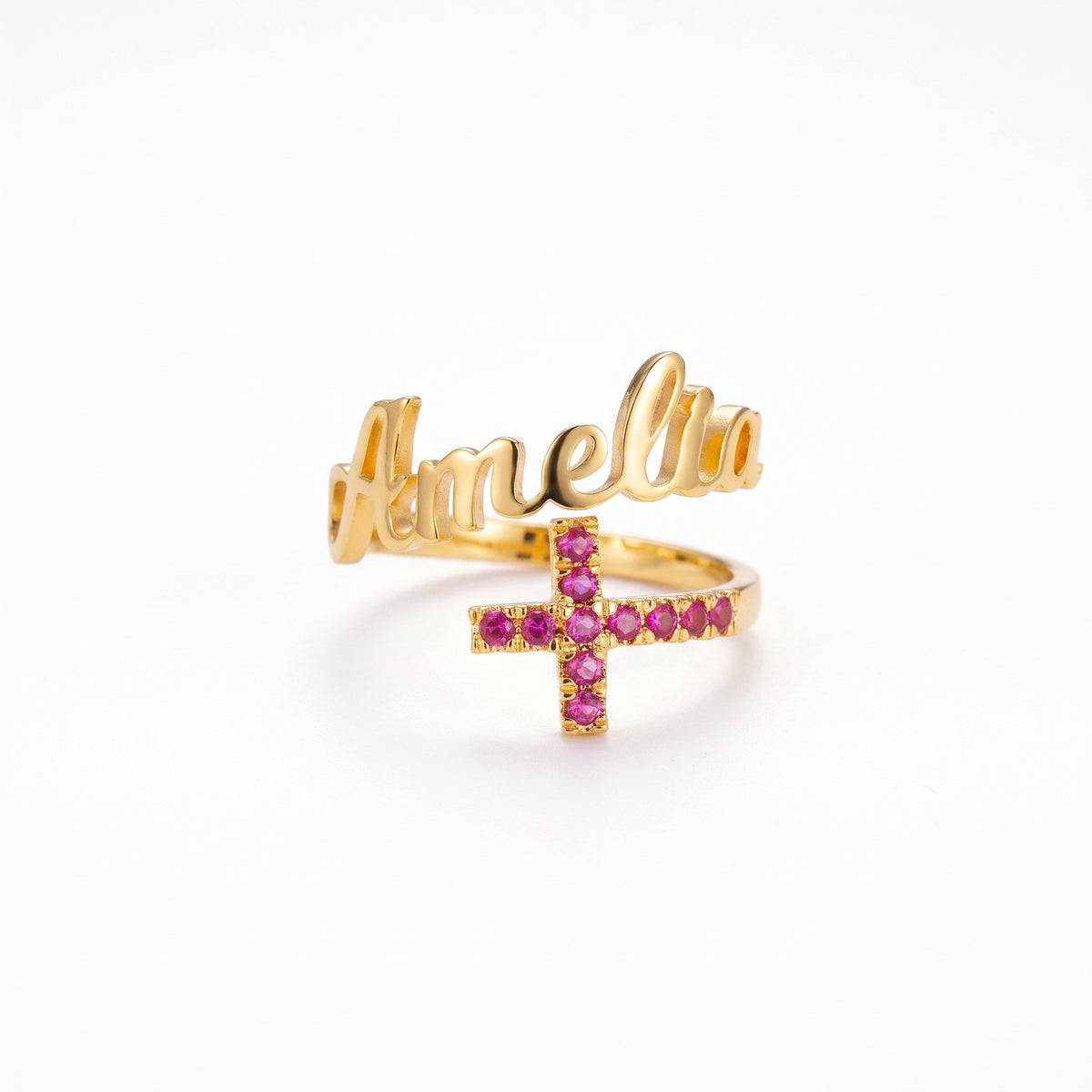 personalized name cross ring with custom birthstones