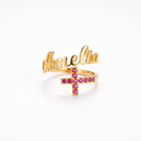 personalized name cross ring with custom birthstones